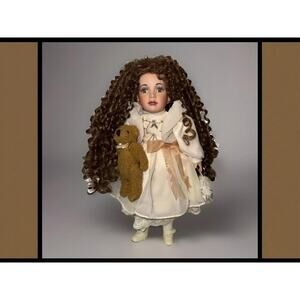 Victoria Rosewood Porcelain Doll - Victorian Dress and Teddy Bear